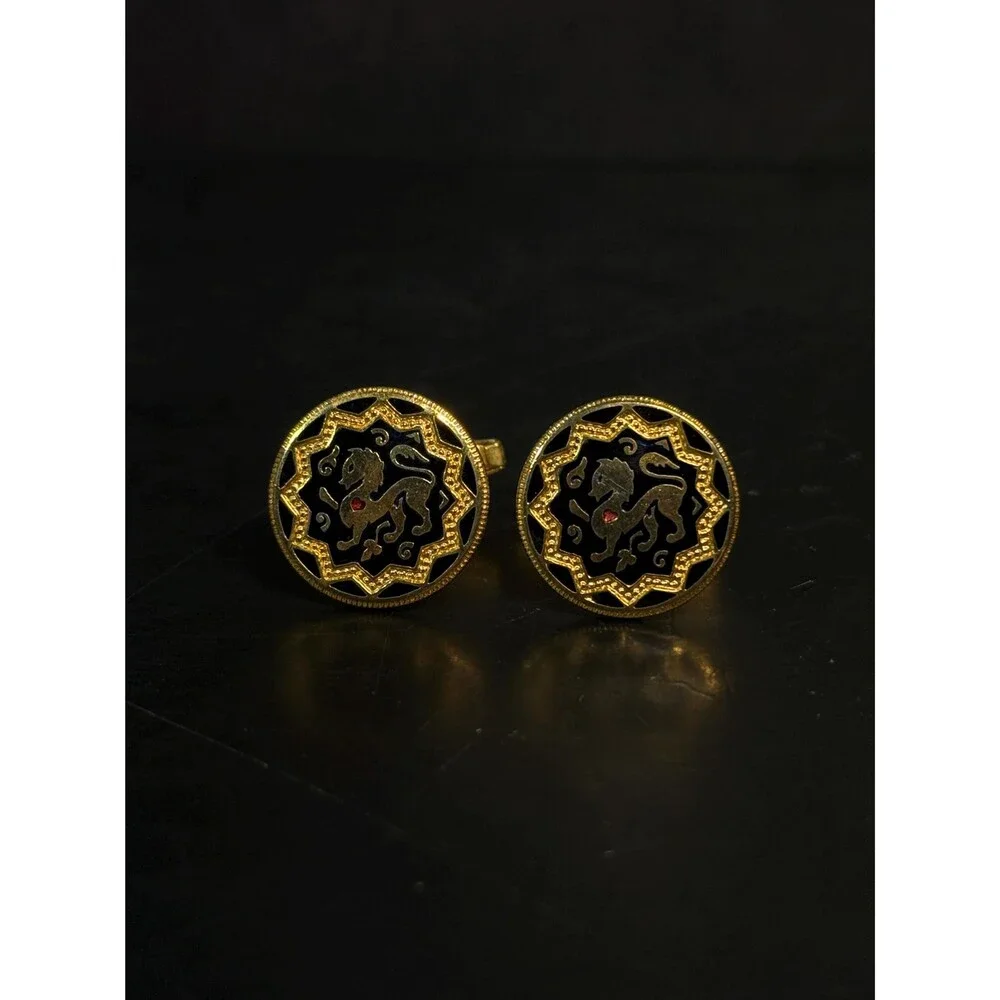 Vintage Spanish Gold Tone Lion Cufflinks Black Enamel Red Rhinestone